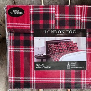 6-pc London Fog QUEEN SIZE Sheet Set - RED HOLIDAY Plaid - 2 EXTRA PILLOWCASES
